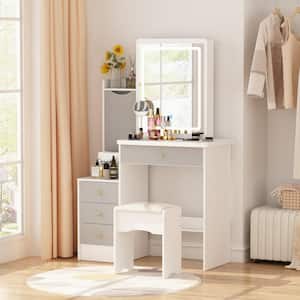 White Wood Dresser With LED Light Mirror Makeup Vanity Sets Dressing Table With Stool, 4-Drawers and Storage Shelves