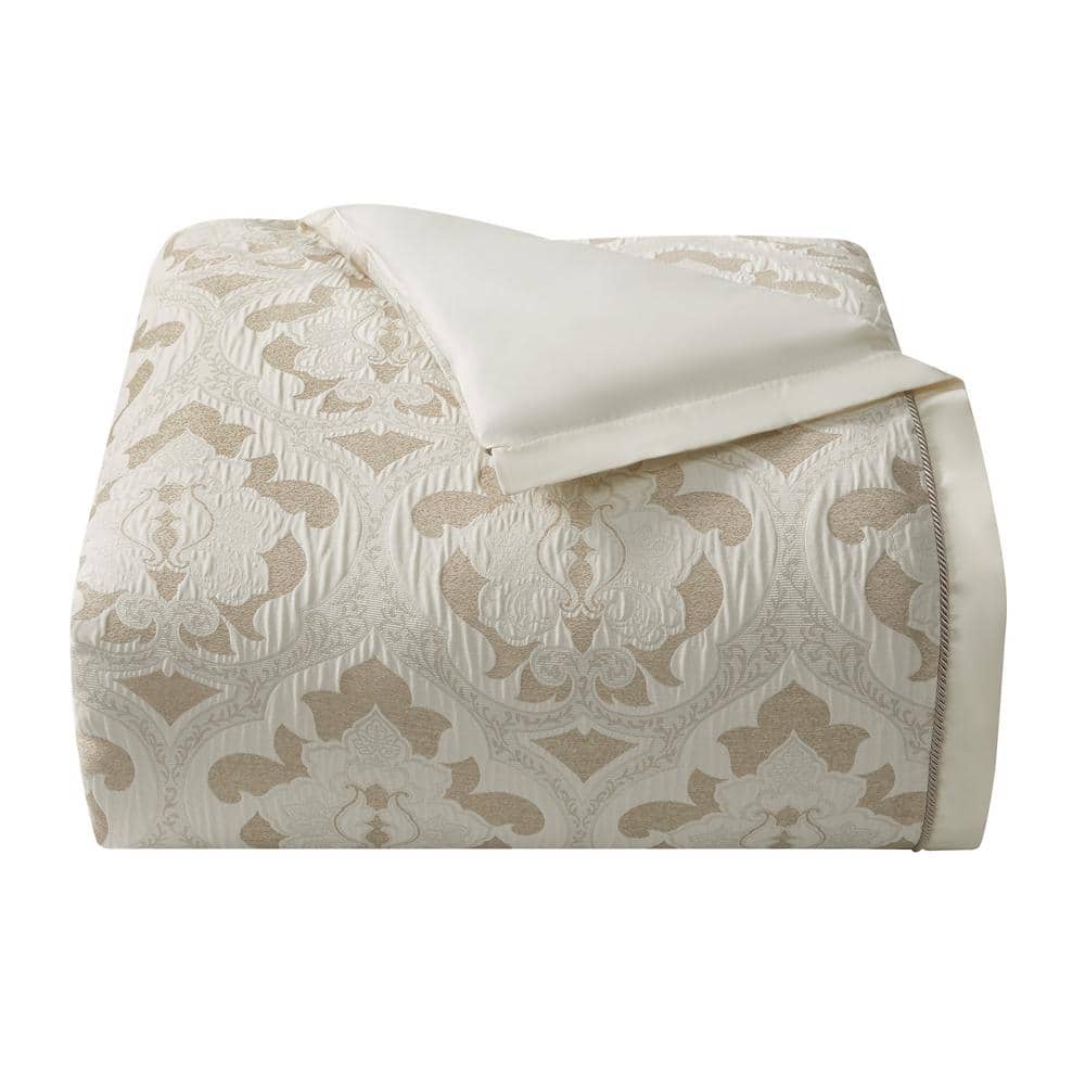 Ivory Damask Queen Comforter Set with Ruffled Bedskirt