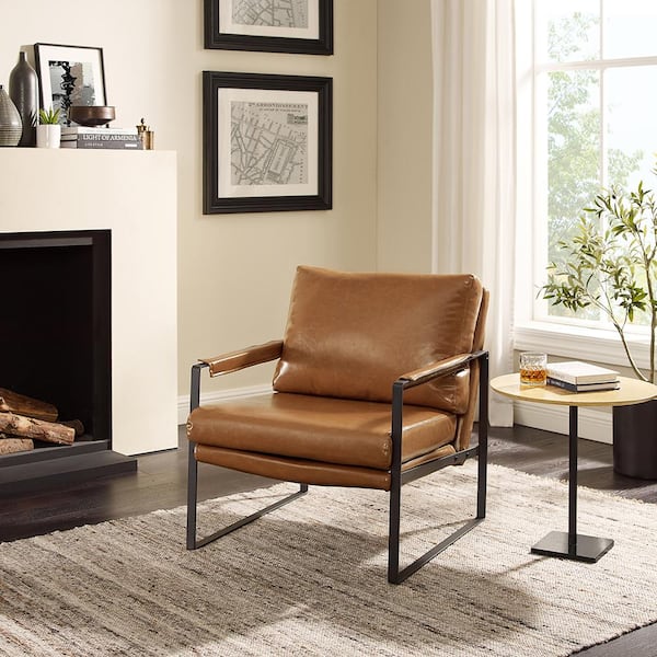 Art Leon Leo Modern Brown Tan Faux Leather Arm Chair with Steel Frame