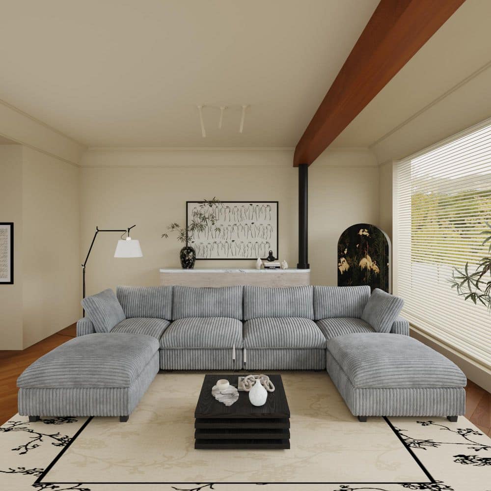 157.48 in. W Oversized Square Arm 6-piece Rabbit Fur Fabric Modular Free Combination Sofa With Ottoman in Gray price history on PriceWatchPro