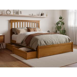 Everett Light Toffee Natural Bronze Solid Wood Frame Full Platform Bed with Panel Footboard and Storage Drawers