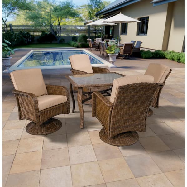 Pacific Casual Tiara Garden 5-Piece Wicker Outdoor Dining Set with Beige Cushions