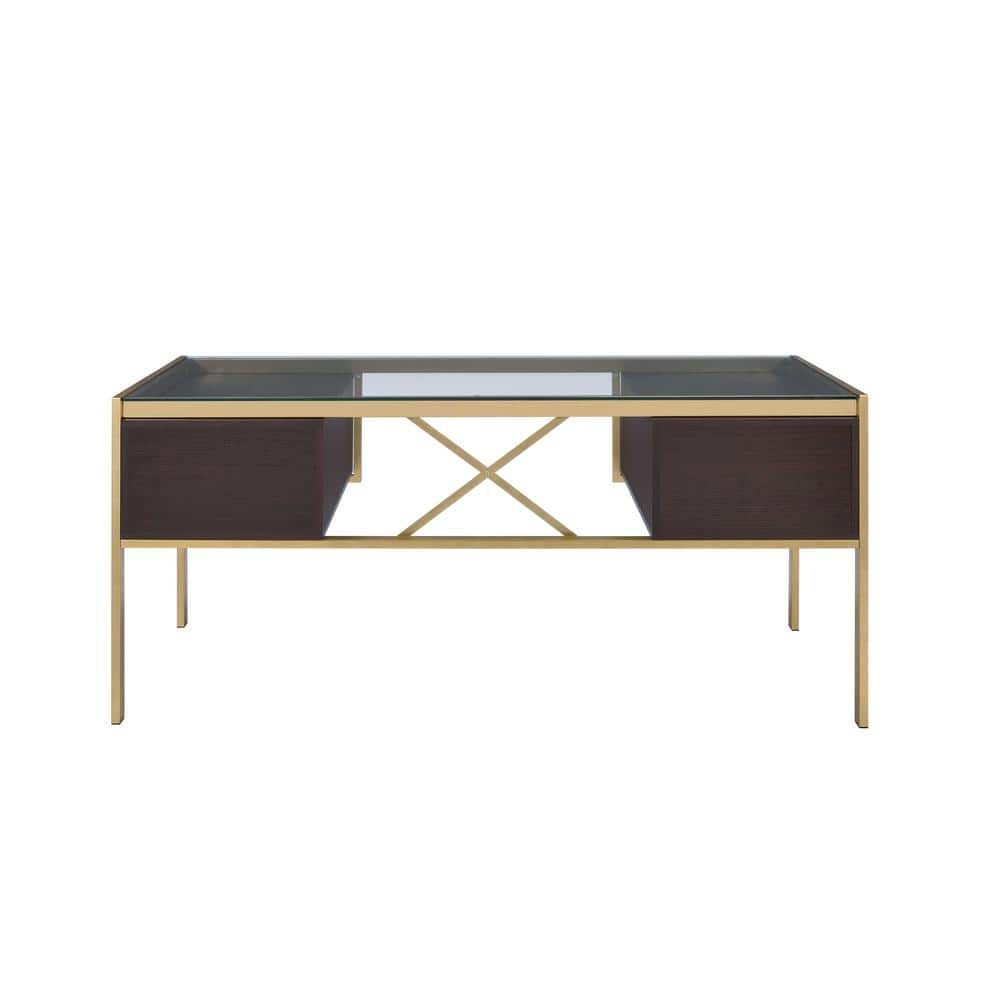 Gold and Espresso Glass Executive Desk with Drawers