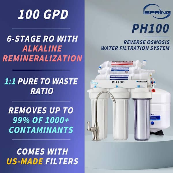 6-Stage High Capacity Reverse Osmosis Drinking Water Filtration System w/ Alkaline Filter,100 GPD, US Made Filters