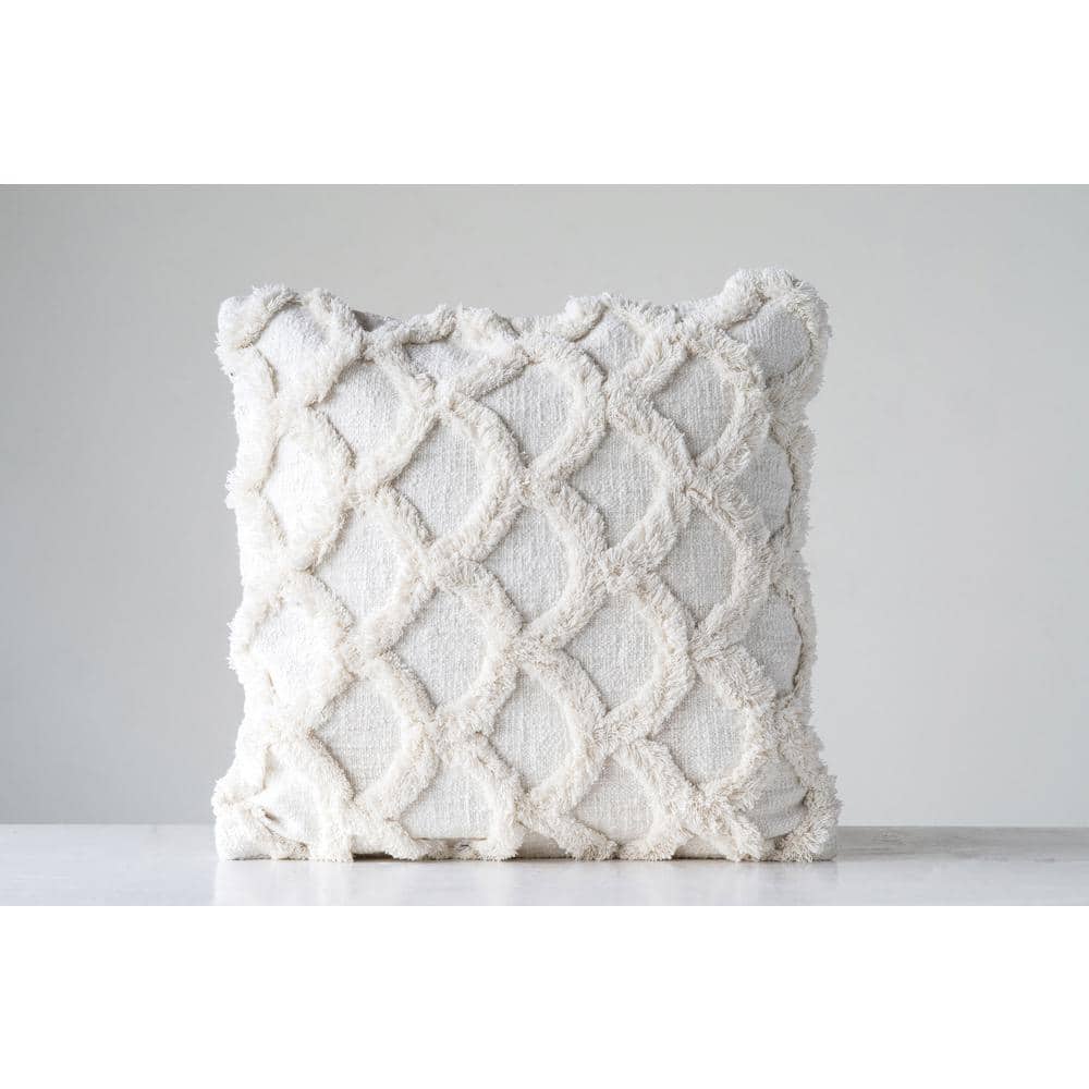 18" White Cotton Polyester Square Throw Pillow with Scallop Pattern