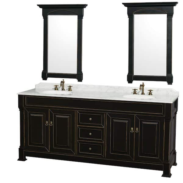Wyndham Collection Andover 80 in. Vanity in Black with Marble Vanity Top in Carrara White with Porcelain Sink and Mirrors