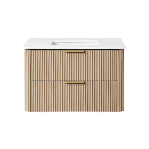 Amara 36 in. Single Sink Floating Sahara Birch Bath Vanity with White Engineered Stone Top