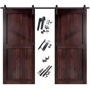 54 in. x 84 in. H-Frame Red Mahogany Double Pine Wood Interior Sliding Barn Door with Hardware Kit, Non-Bypass