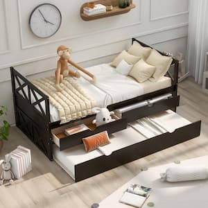 Espresso Twin Daybed with Trundle and Storage Drawers, X-Shaped Wood Twin Captain's Bed for Kids Teens or Adults