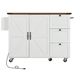 White 54.5 in. Outdoor Kitchen Island Kitchen Storage Island with Power Outlet, Spice Rack, Rolling Grill Cart on Wheels