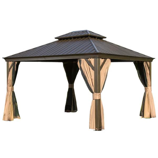 ToolCat 12 ft. x 14 ft. Brown Hardtop Gazebo, Outdoor Aluminum Frame Canopy with Galvanized Steel Double Roof
