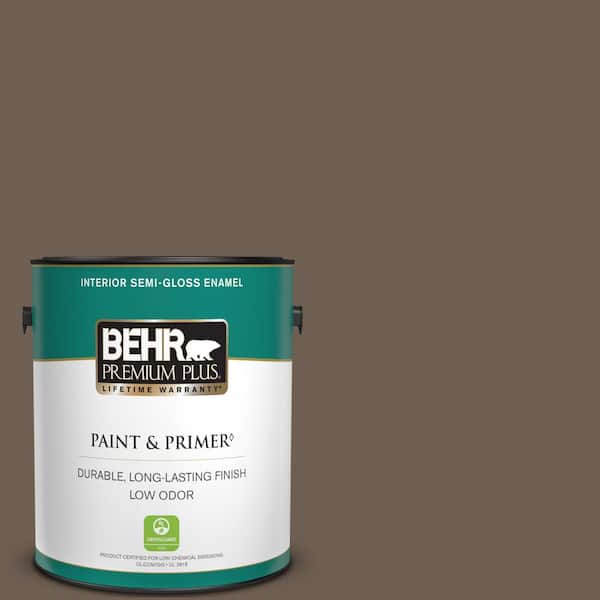 BEHR PREMIUM PLUS 1 gal. #N210-6 Swiss Brown Semi-Gloss Enamel Low Odor Interior Paint & Primer