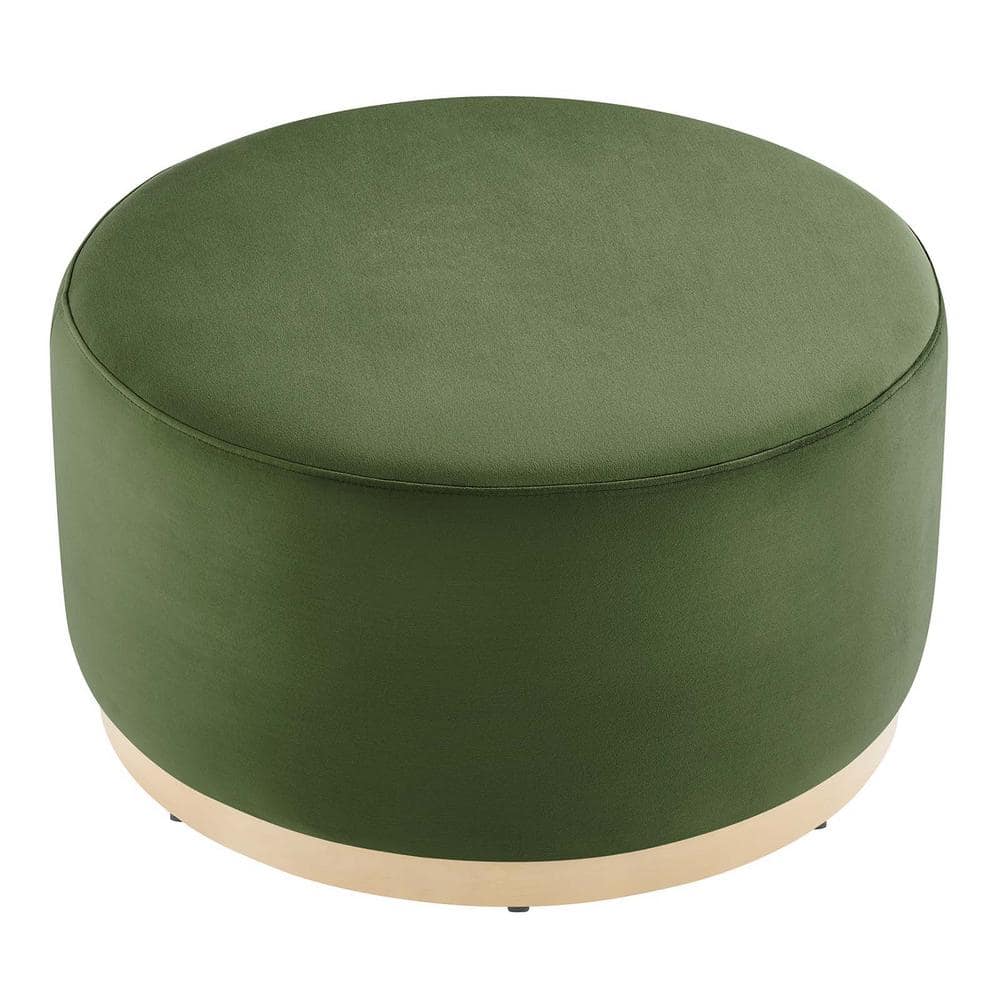 Moss Green Velvet Round Ottoman with Rubberwood Base