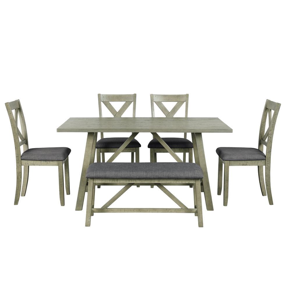 Gray 6-Piece Wood Outdoor Dining Kitchen Table Set with 4 Chairs 1 Bench 1 