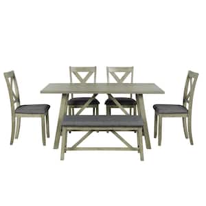 Gray 6-Piece Wood Outdoor Dining Kitchen Table Set with 4 Chairs 1 Bench 1 Standard Table Gray Cushions