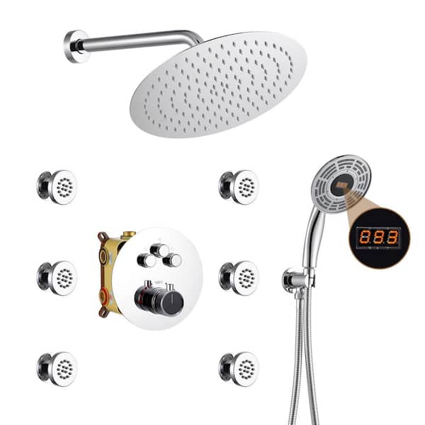Single Handle 1-Spray 3-function Luxury Thermostatic Dual Shower Faucet 1.8 GPM with Body Spray in Chrome