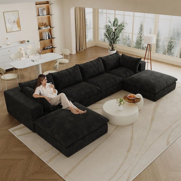 Jacob 157.6 in. Square Arms 6-Piece Corduroy Modular Compressed Sectional Sofa in Black with Ottomans, Deep Seat Couches