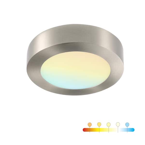 RUN BISON 7 in. Round Color Brushed Nickel Selectable Integrated LED Flush Mount Downlight