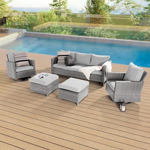 5-Piece Patio Conversation Set Gray Wicker with Swivel Rocking Chair and Linen Grey Thickening Cushions