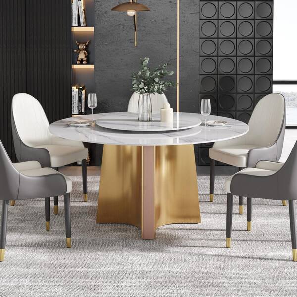 J&E Home White Marble 59 in. Pedestal Dining Table Seats 8