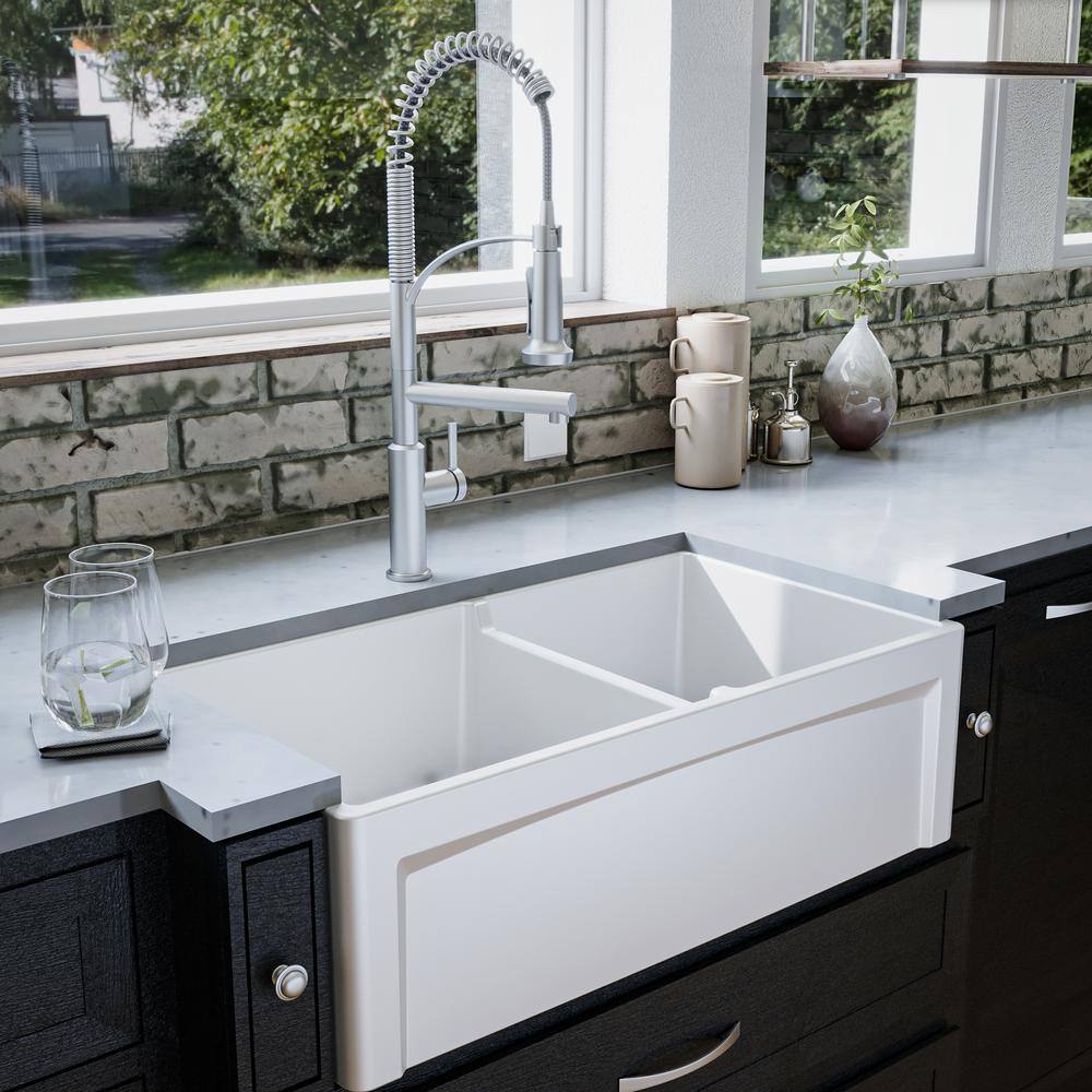 White 33" Double Bowl Fireclay Farmhouse Kitchen Sink