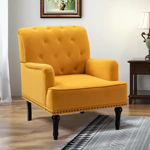 Enrica Mustard Tufted Comfy Velvet Armchair with Nailhead Trim and Rubberwood Legs