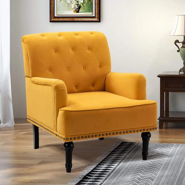 Armchair The JAYDEN Velvet CHM0232-MUSTARD - Enrica with Nailhead Home Comfy Mustard Trim CREATION Tufted Rubberwood Legs and Depot