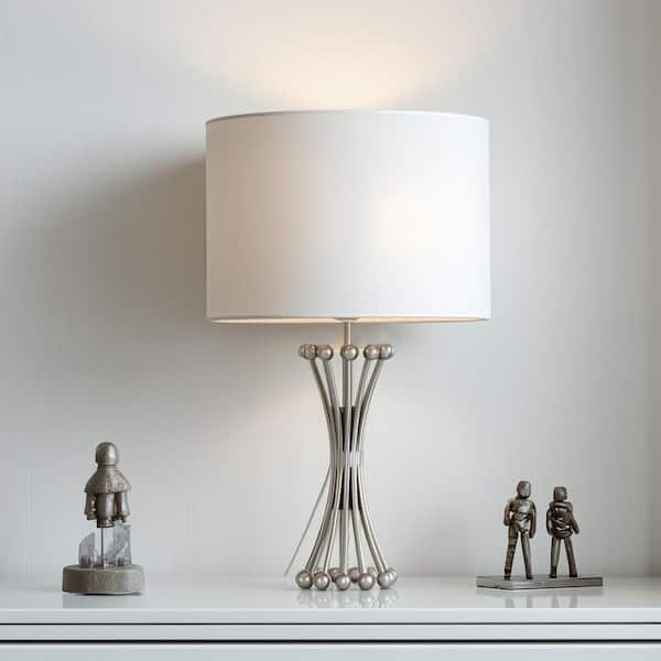 30 in. Polished Silver Hardwired LED Slender Metal Table Lamp with Classic White Linen Shade