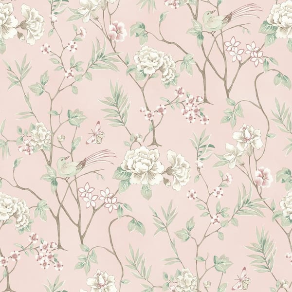 NuWallpaper 216 in. x 20.5 in. Pink Chinoiserie Garden Peel and Stick Wallpaper