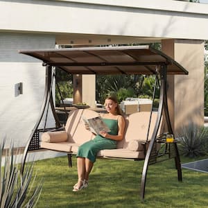 3-Person Metal 3-in-1 Convertible Outdoor Patio Porch Swing with Beige Thicken Cushion, Pillows and Cup Holders
