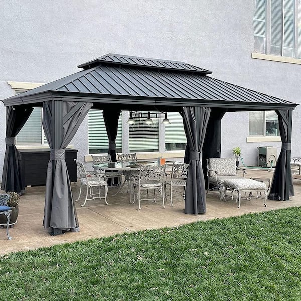 PURPLE LEAF 12 ft. x 18 ft. Gray Aluminum Power-Coated Frame Galvanized Steel Double Roof Hardtop Gazebo,Hooks, Netting,Gray Curtain