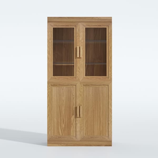 Natural Wood 31 in. W x 62 in. H Classic Kitchen Pantry Cabinet with Glass Doors and Adjustable Shelves