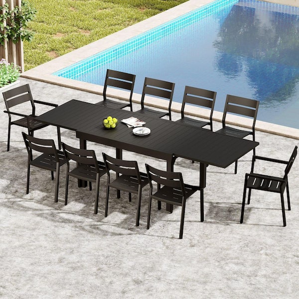 Crestlive Products Black 11-Piece Metal Outdoor Dining Set with 106.2 in. Extension Table and Stackable Chairs