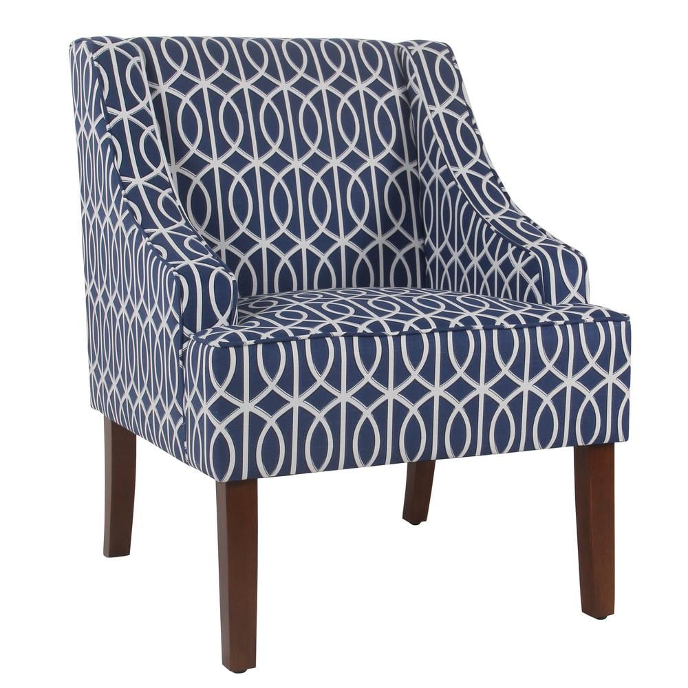 Classic Blue Trellis Swoop Arm Accent Chair with Wood Legs