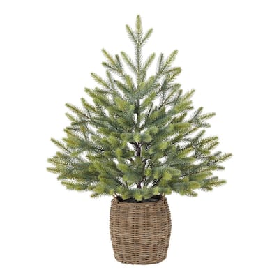 30 in Green Fir Tabletop Artificial Christmas Tree with Wicker Basket