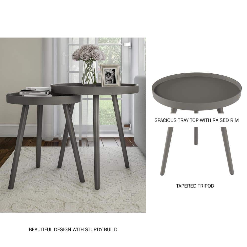 Gray Round Wood Nesting End Tables with Tray Tops, Set of 2