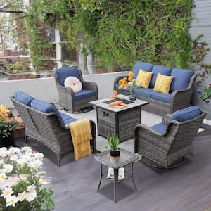 Pluto Gray 6-Piece Wicker Patio Fire Pit Set with Denim Blue Cushions and Swivel Rocking Chairs
