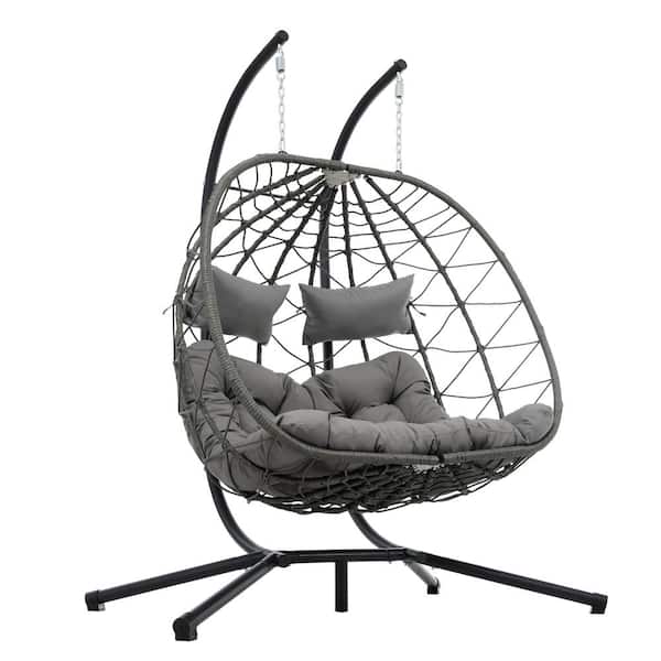 grossag Large 2-Person Gray Wicker Double Swing Egg Chair with Black Stand and Gray Cushions, Adjustable Height, Attached Ties