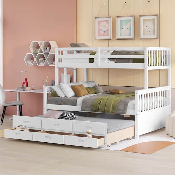 Harper & Bright Designs White Twin Over Full Wood Separable Bunk Bed with Trundle and Drawers