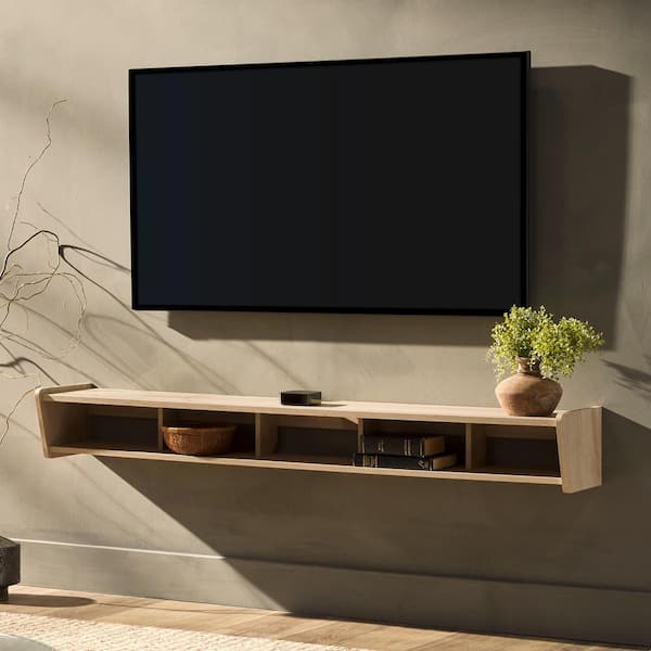 65.13 in. Wall-Mounted Floating TV Stand, Oak MDF Media Console, TV Consloe for TVs Up to 70in. with 5-Open Cubbies