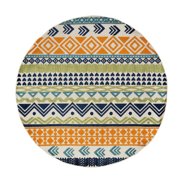 Ronda Contemporary Bohemian Multi 8 ft.  ROUND Indoor/Outdoor Area Rug