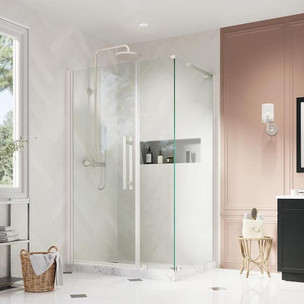 OVE Decors Pasadena 46-1/8 in. W x 72 in. H Rectangular Pivot Frameless Corner Shower Enclosure in Satin Nickel