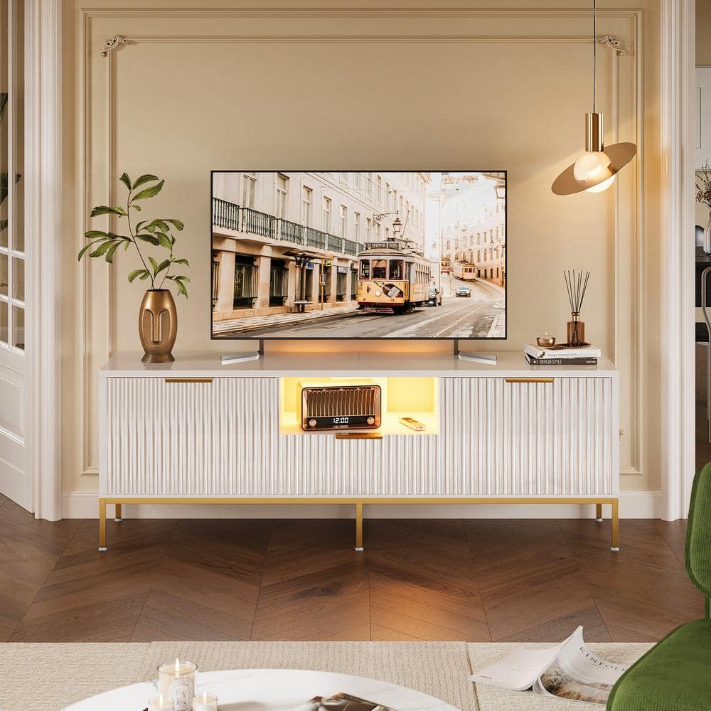 White and Gold 55 Inch TV Stand with Drawer and Cabinet