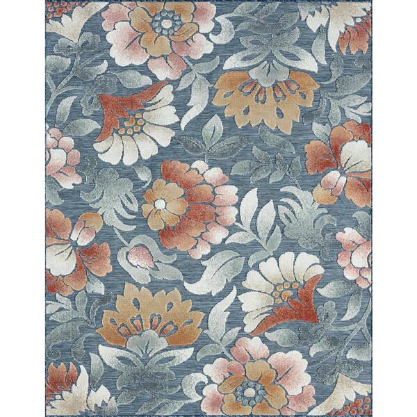 Tayse Rugs Tropic Floral Dark Blue 8 ft. x 10 ft. Indoor/Outdoor Area Rug