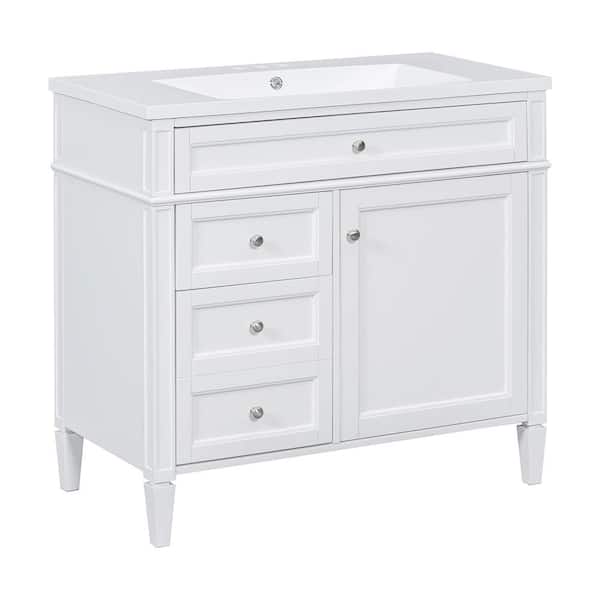36 in. White Modern Bath Vanity Storage Set with Single Top Sink 2-Soft Closing Doors Mirror Cabinet, Resin Top Material