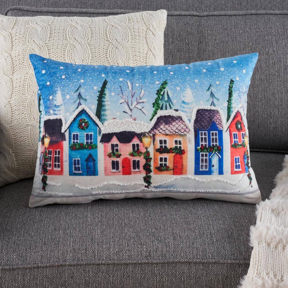 14"x20" Multicolor Holiday Village Embroidered Lumbar Pillow