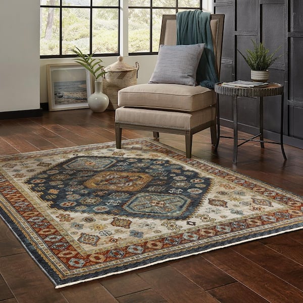 Ambrose Blue/Multi 7 ft. x 10. ft. Oriental Medallion Polyester Fringe Edge Indoor Area Rug