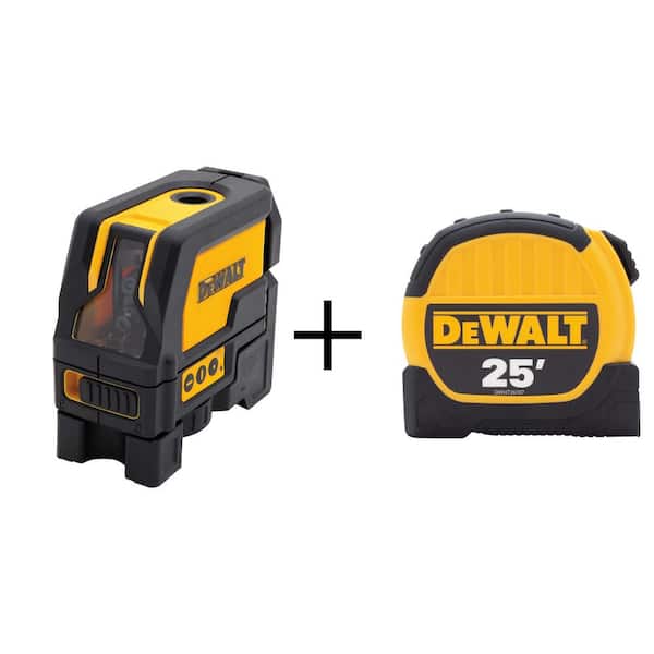 DEWALT 165 ft. Red Self-Leveling Cross-Line and Plumb Spot Laser Level and 25 ft. Tape Measure with (3) AAA Batteries & Case