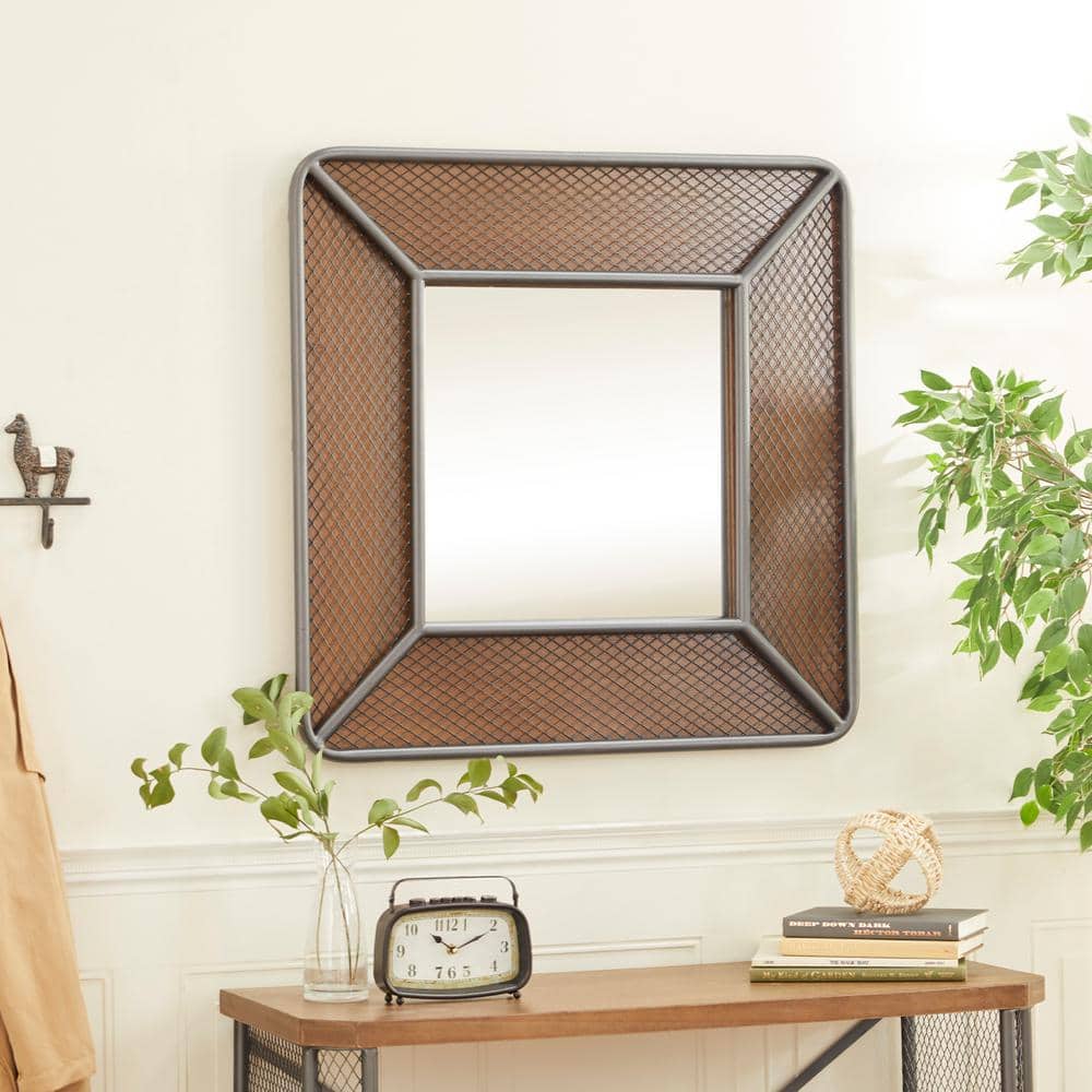 Handcrafted Solid Wood Square 32" Industrial Wall Mirror, Brown