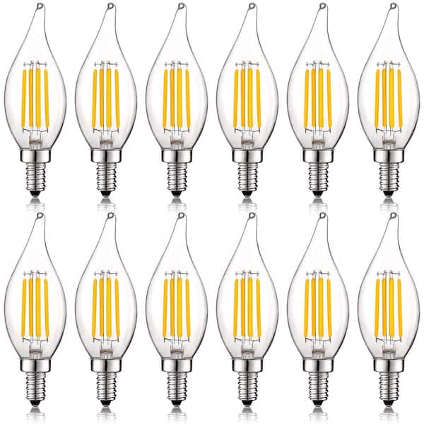 LUXRITE 60-Watt Equivalent CA11 Dimmable LED Light Bulbs Flame Tip Clear Glass Filament 2700K Warm White (12-Pack)